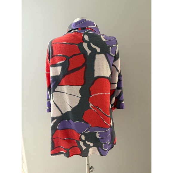 Yushi Tunic Top Size S Red Gray Lagenlook Flowy Artsy Wire Collar Lightweight - Picture 7 of 16